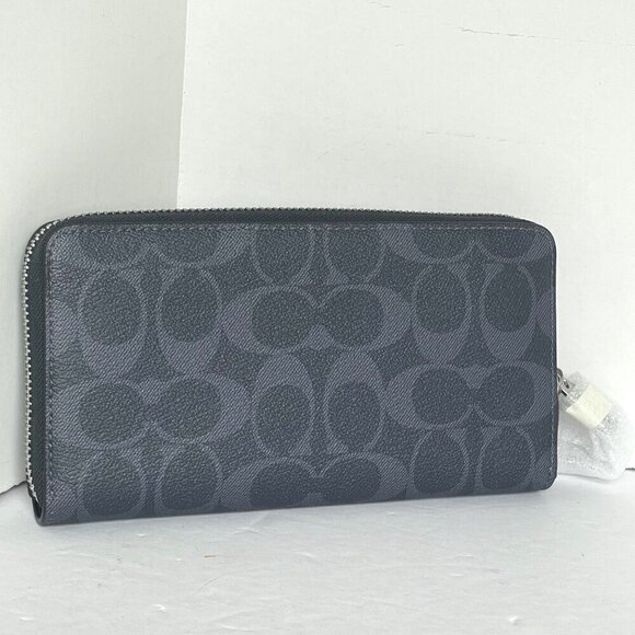Coach Long Zip Around Wallet Blue Denim Signature Canvas Phone Wristlet C4452 - Picture 2 of 13